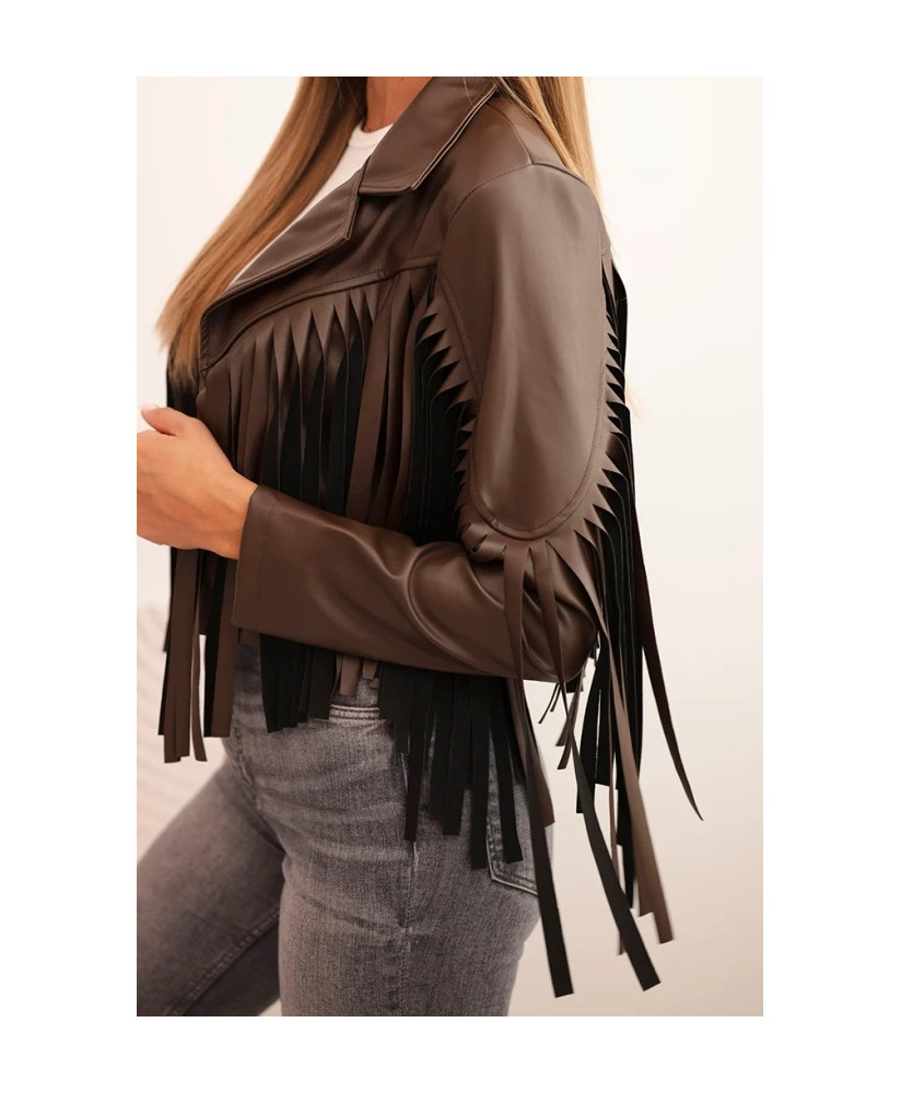 Dámska bunda z eko kože so strapcami v boho štýle