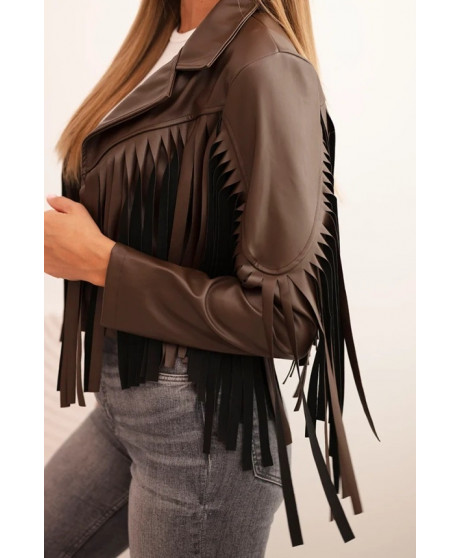 Dámska bunda z eko kože so strapcami v boho štýle