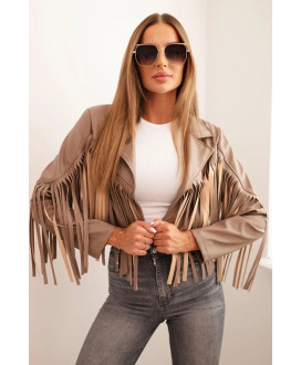 Dámska bunda z eko kože so strapcami v boho štýle